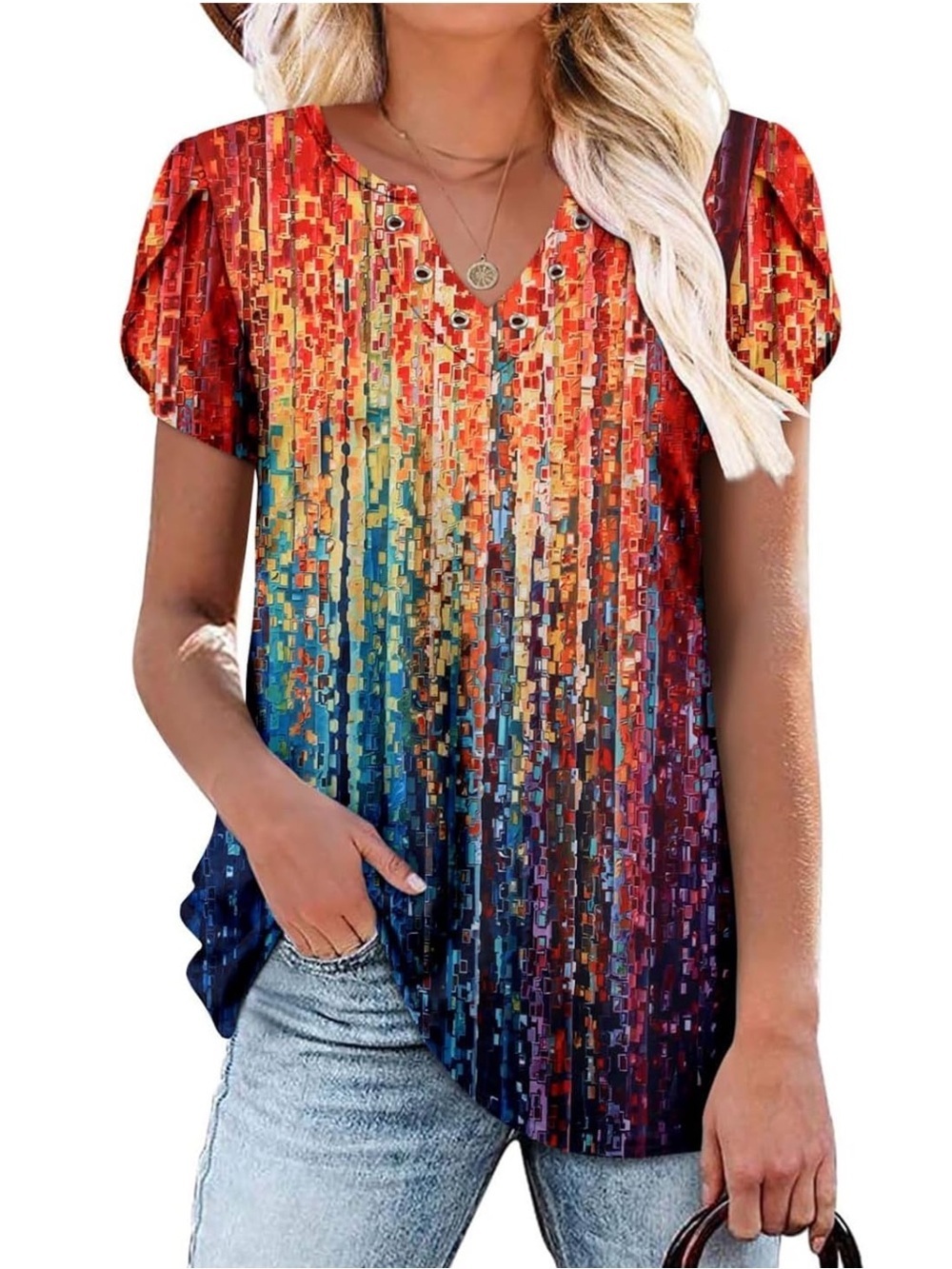 Women’s Multicolor notch V-Neck Short Sleeve Tunic top size 3XL never worn